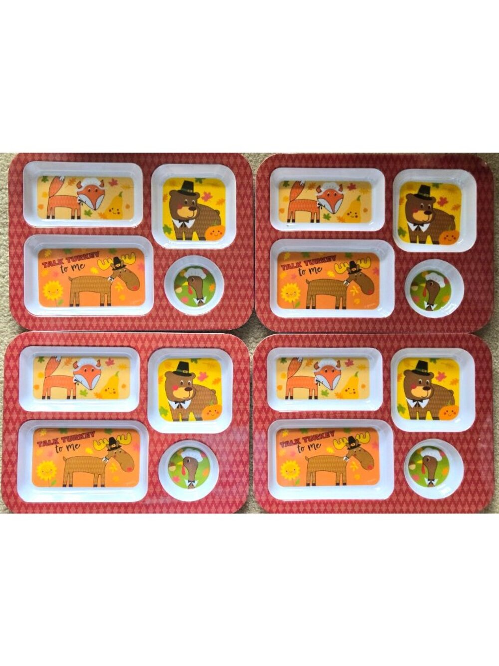4 Kids Fall Thanksgiving Divided Plates Melamine Turkey Fox Bear Moose RedOrange